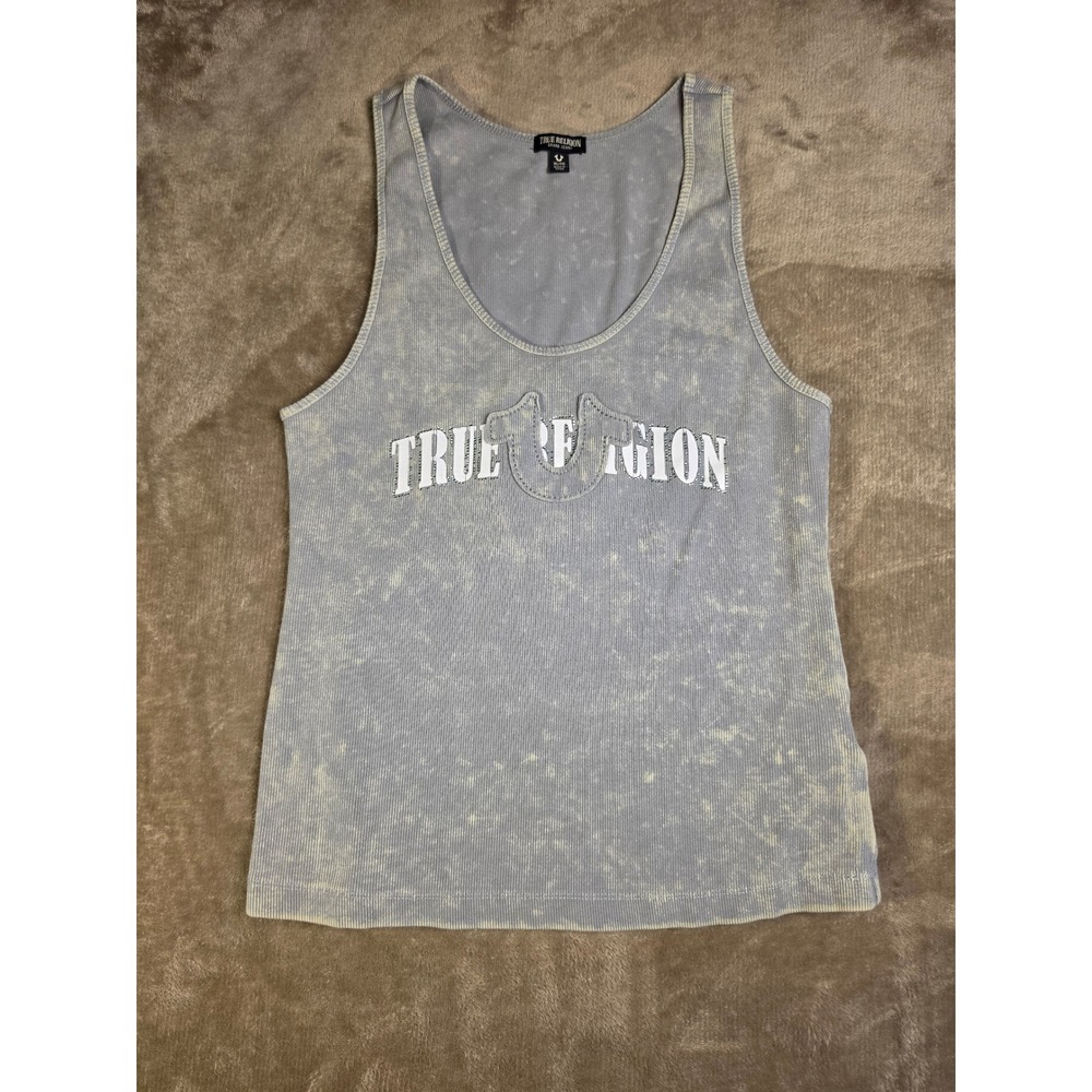 True Religion Womens Acid Wash Crystal Logo Ribbed Tank Top Blue Grey XL 206944